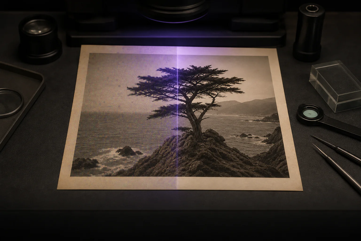 A darkroom print transitioning from compression damage to restrained restored detail